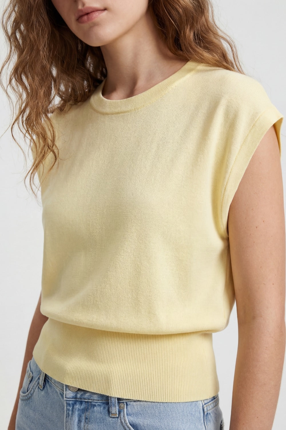 Lightweight Knit sweater with Wide Ribbed Waistband in yellow - Jumpers