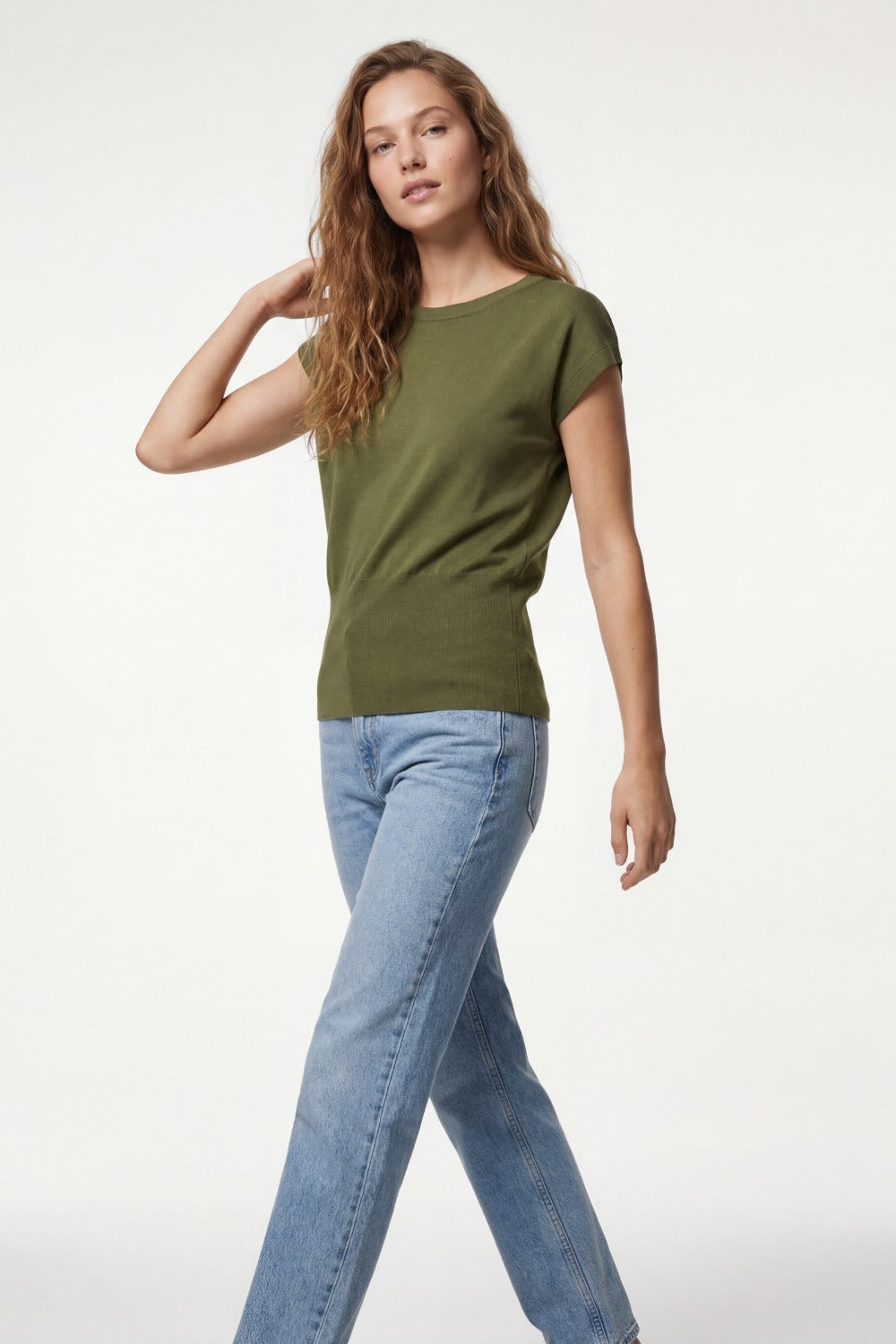 Lightweight Knit sweater with Wide Ribbed Waistband in khaki