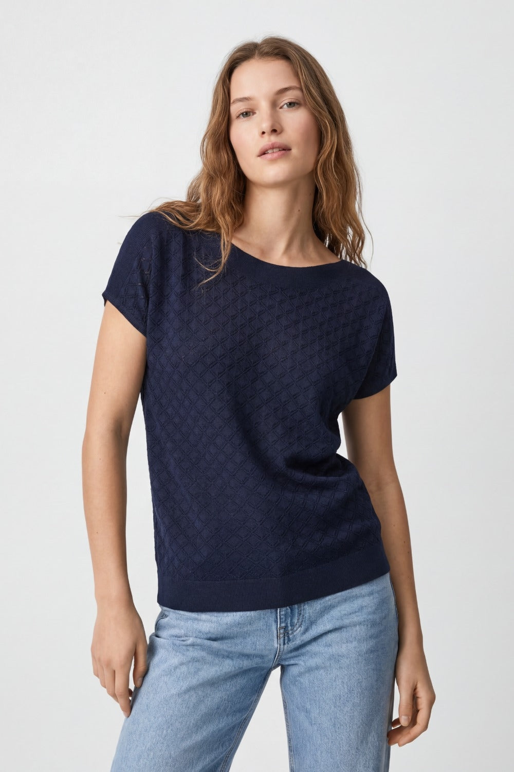 Textured pattern Knit Short Sleeve Sweater in navy