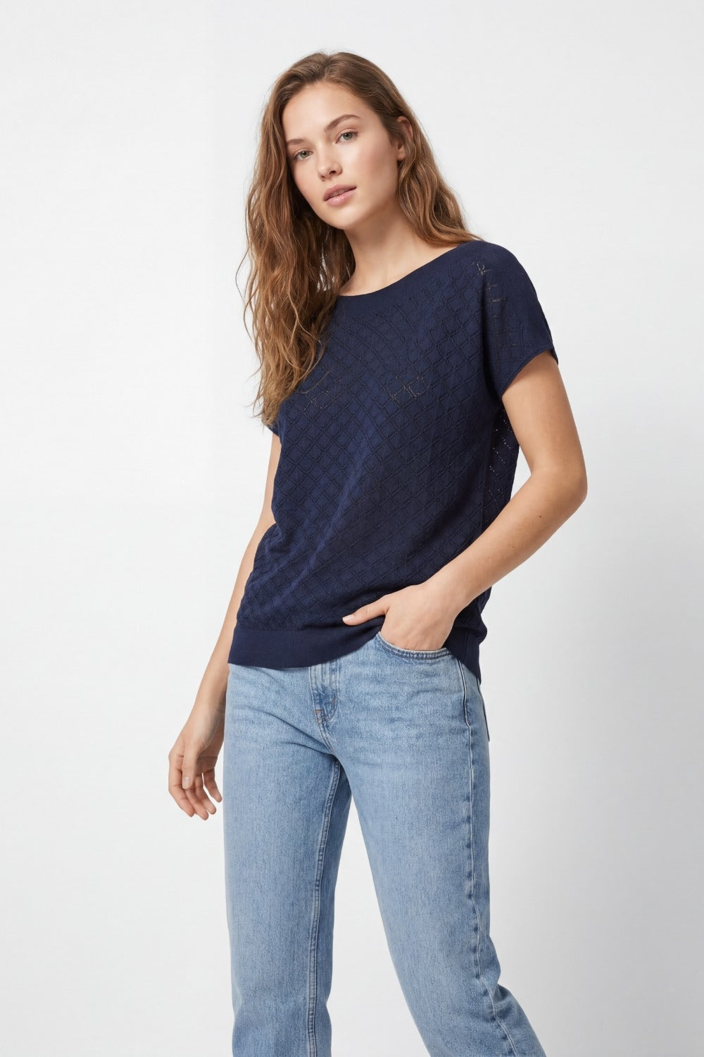 Textured pattern Knit Short Sleeve Sweater in navy