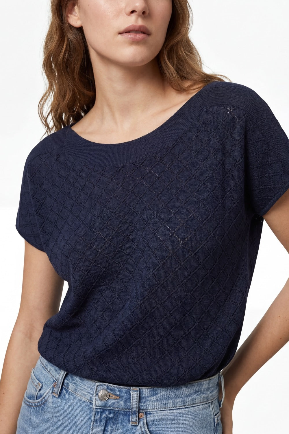 Textured pattern Knit Short Sleeve Sweater in navy