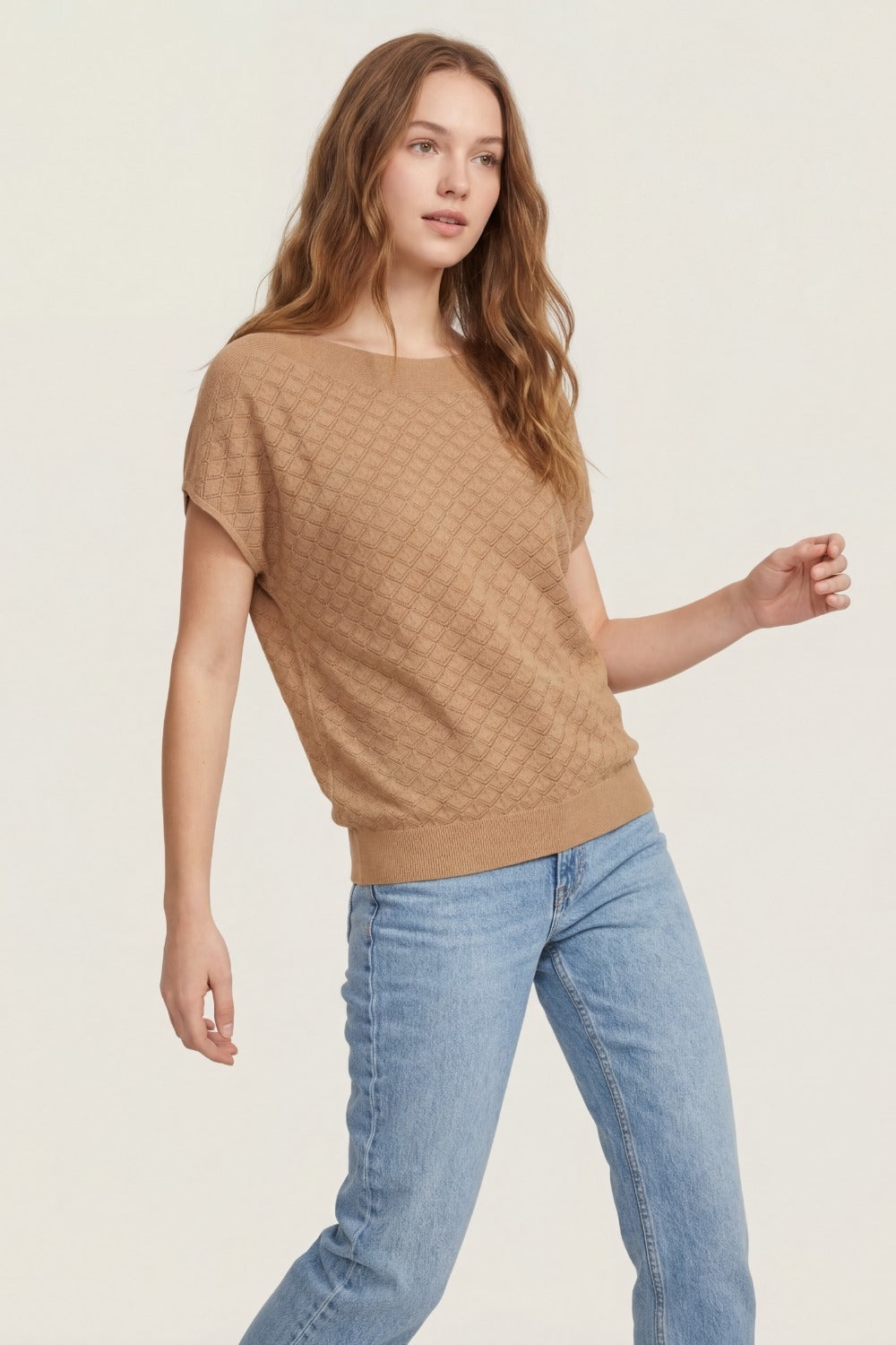 Camel Knit Short Sleeve Sweater with Textured Pattern