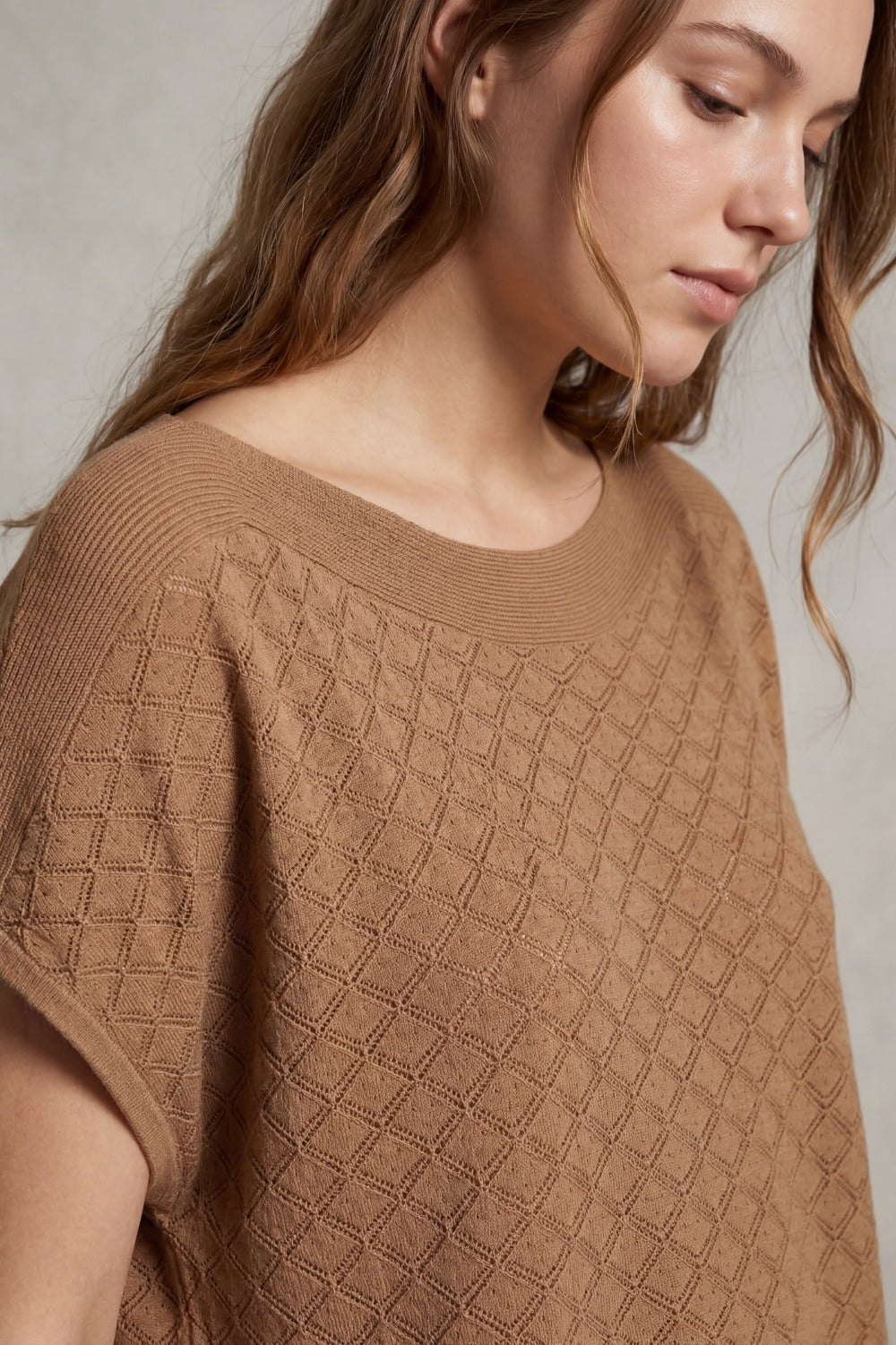 Camel Knit Short Sleeve Sweater with Textured Pattern