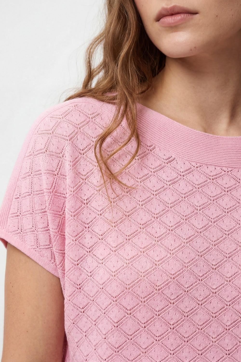 Pattern Textured Knit Short Sleeve Sweater in pink