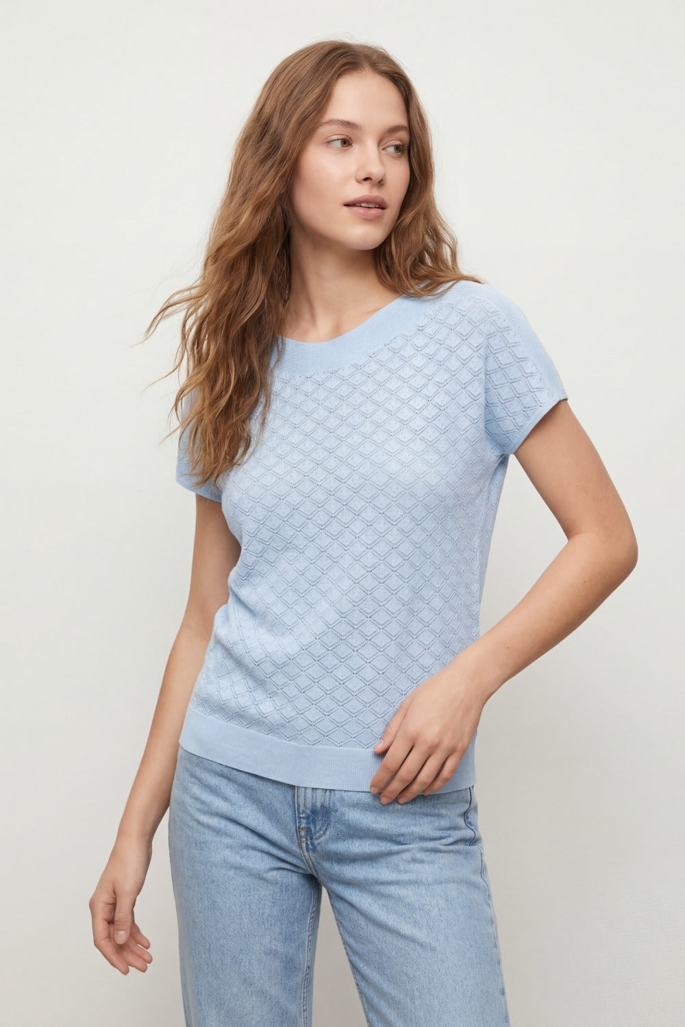 pattern Textured Knit Short Sleeve sweater in light blue
