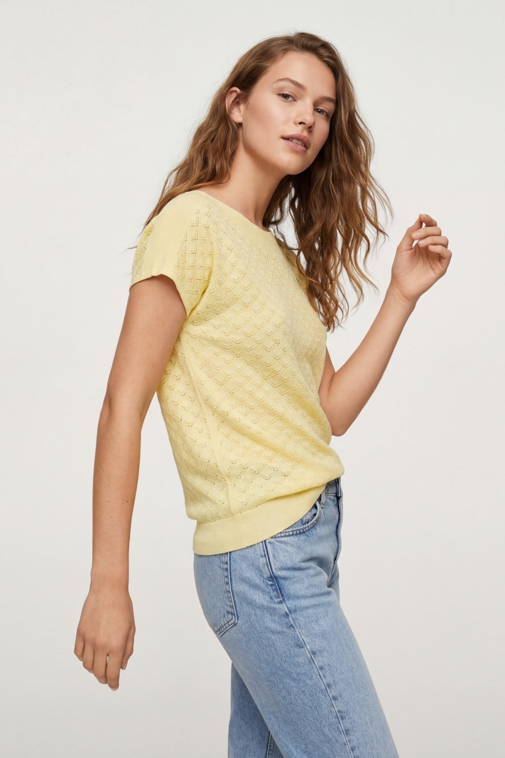 pattern Textured Knit Short Sleeve Sweater in yellow