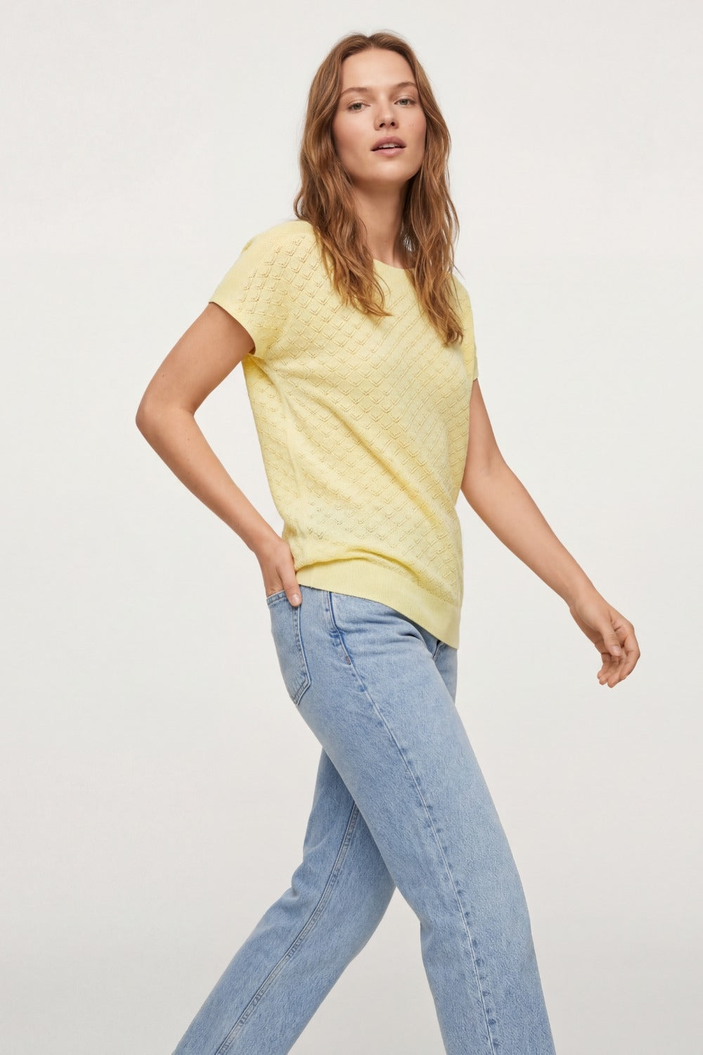 pattern Textured Knit Short Sleeve Sweater in yellow