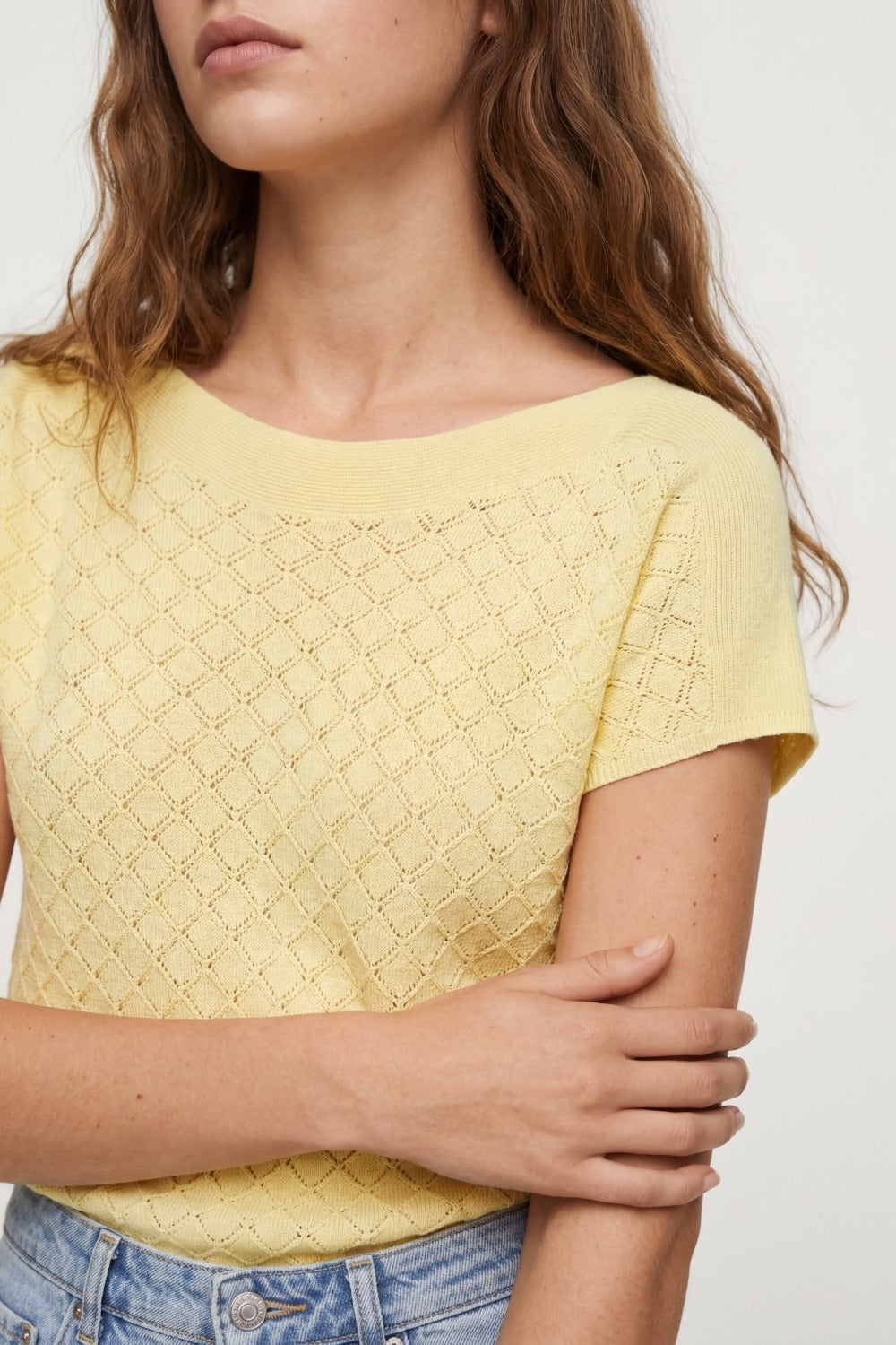 pattern Textured Knit Short Sleeve Sweater in yellow