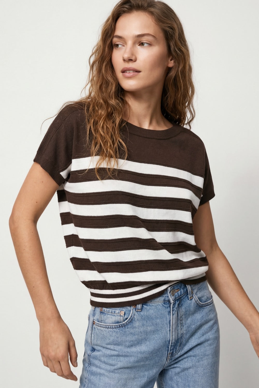 Short-Sleeve Striped Knit sweater in brown
