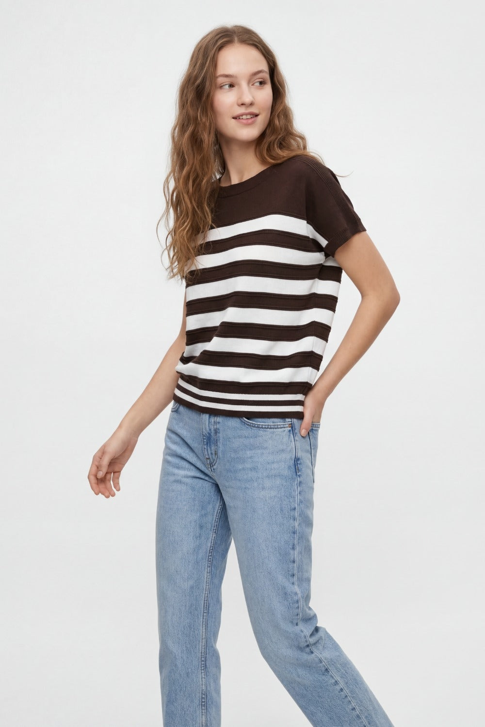 Short-Sleeve Striped Knit sweater in brown