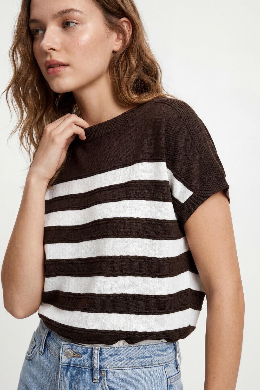 Short-Sleeve Striped Knit sweater in brown