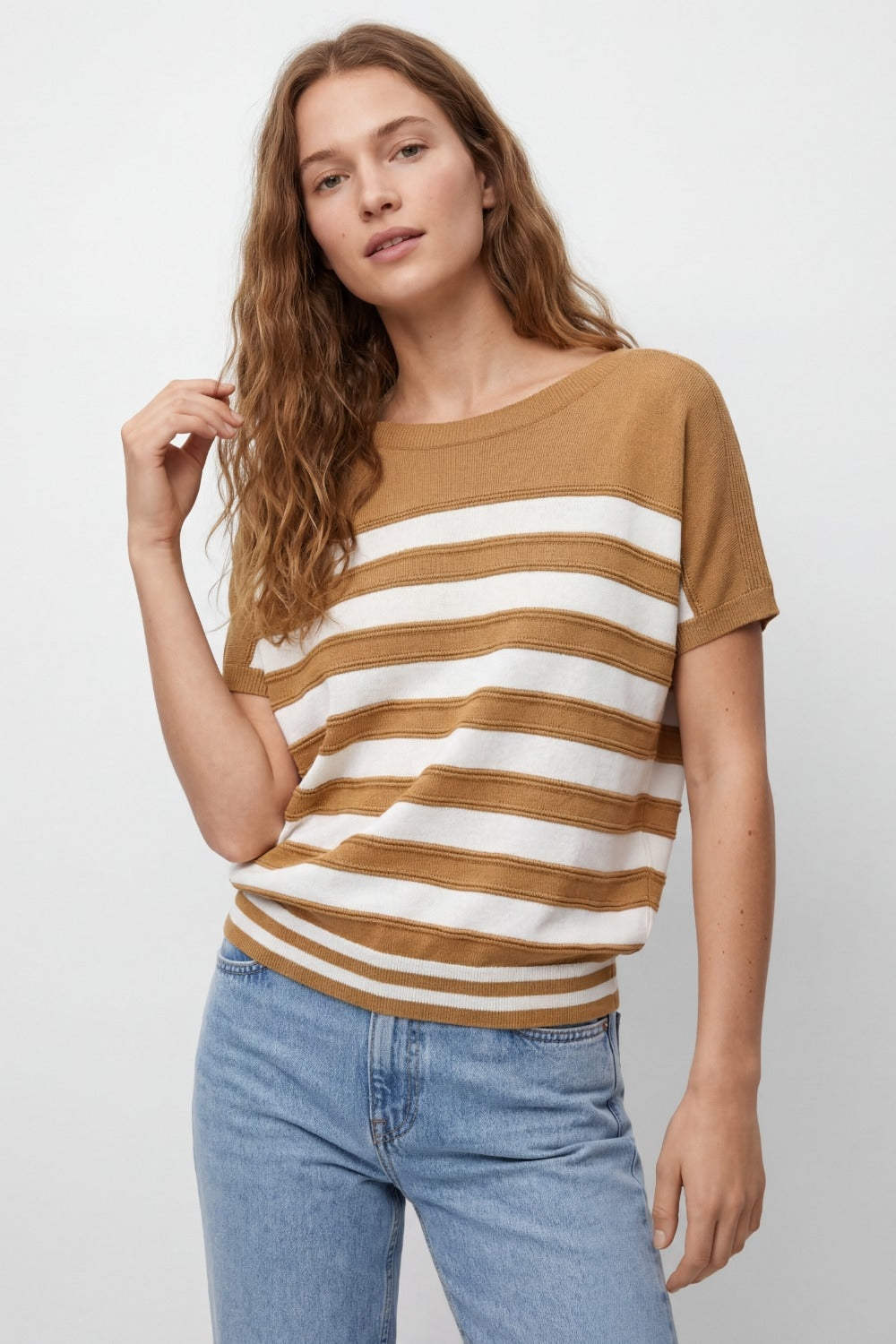 Striped Knit Sleeveless Sweater Vest in camel