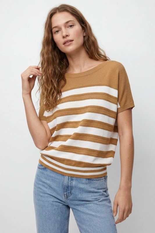 Striped Knit Sleeveless Sweater Vest in camel