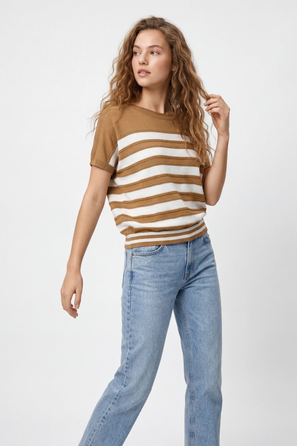 Striped Knit Sleeveless Sweater Vest in camel