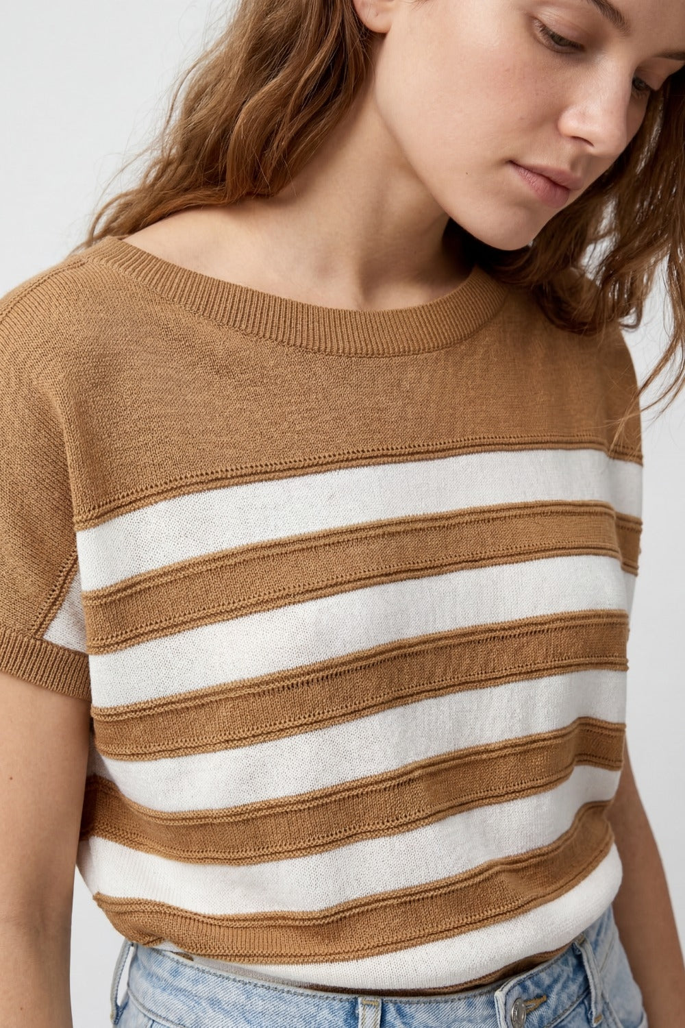 Striped Knit Sleeveless Sweater Vest in camel