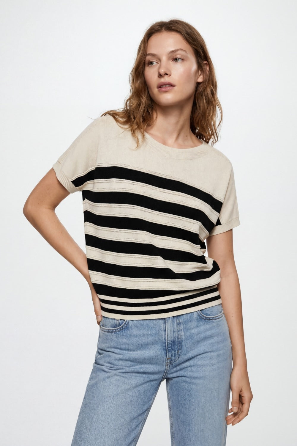 beige and Black Striped Short Sleeve Knit sweater