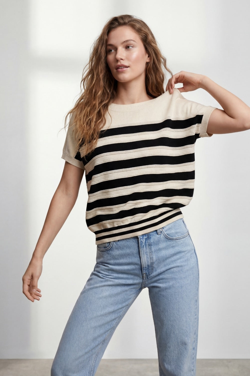 beige and Black Striped Short Sleeve Knit sweater