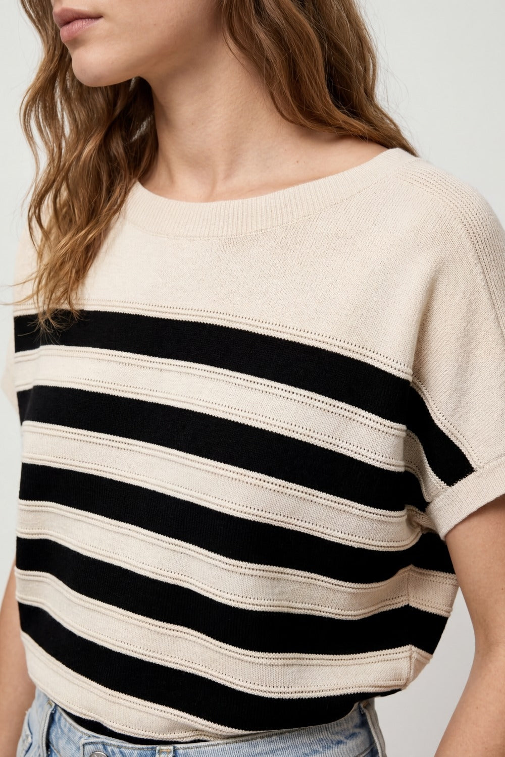 beige and Black Striped Short Sleeve Knit sweater