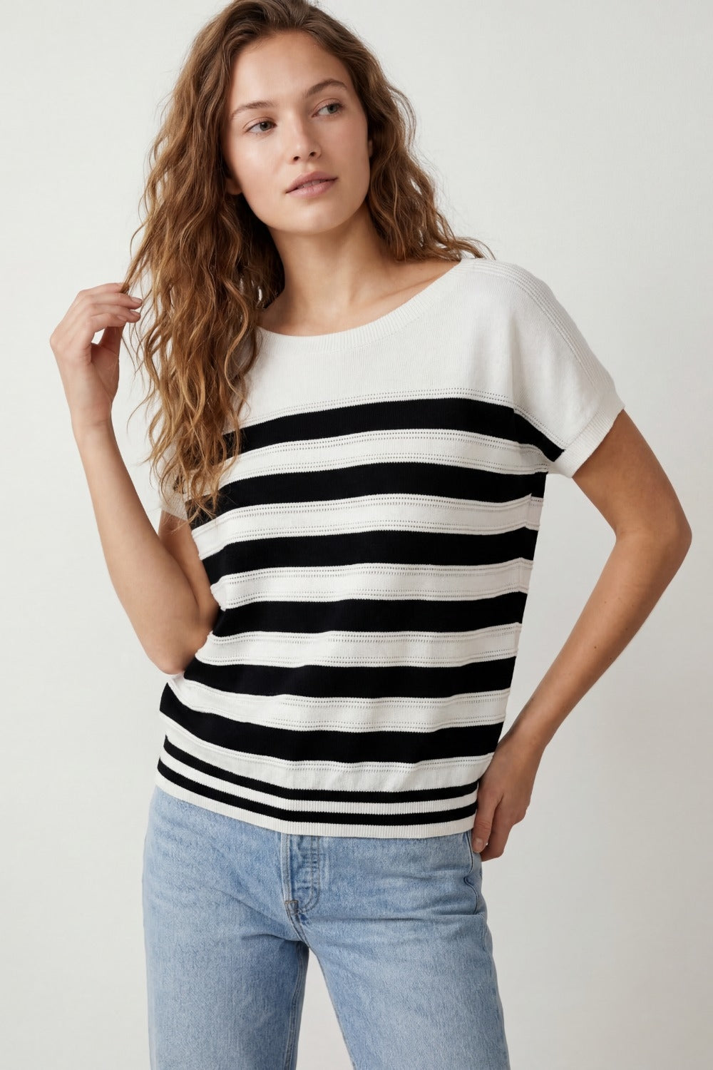 White and Black Striped Knit sweater in boat neckline
