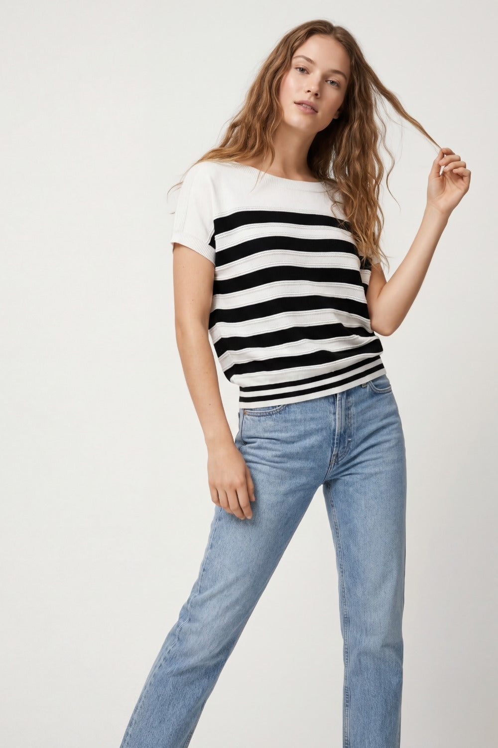 White and Black Striped Knit sweater in boat neckline