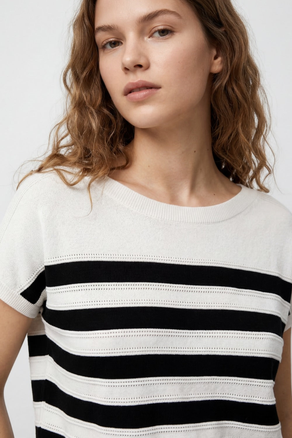 White and Black Striped Knit sweater in boat neckline