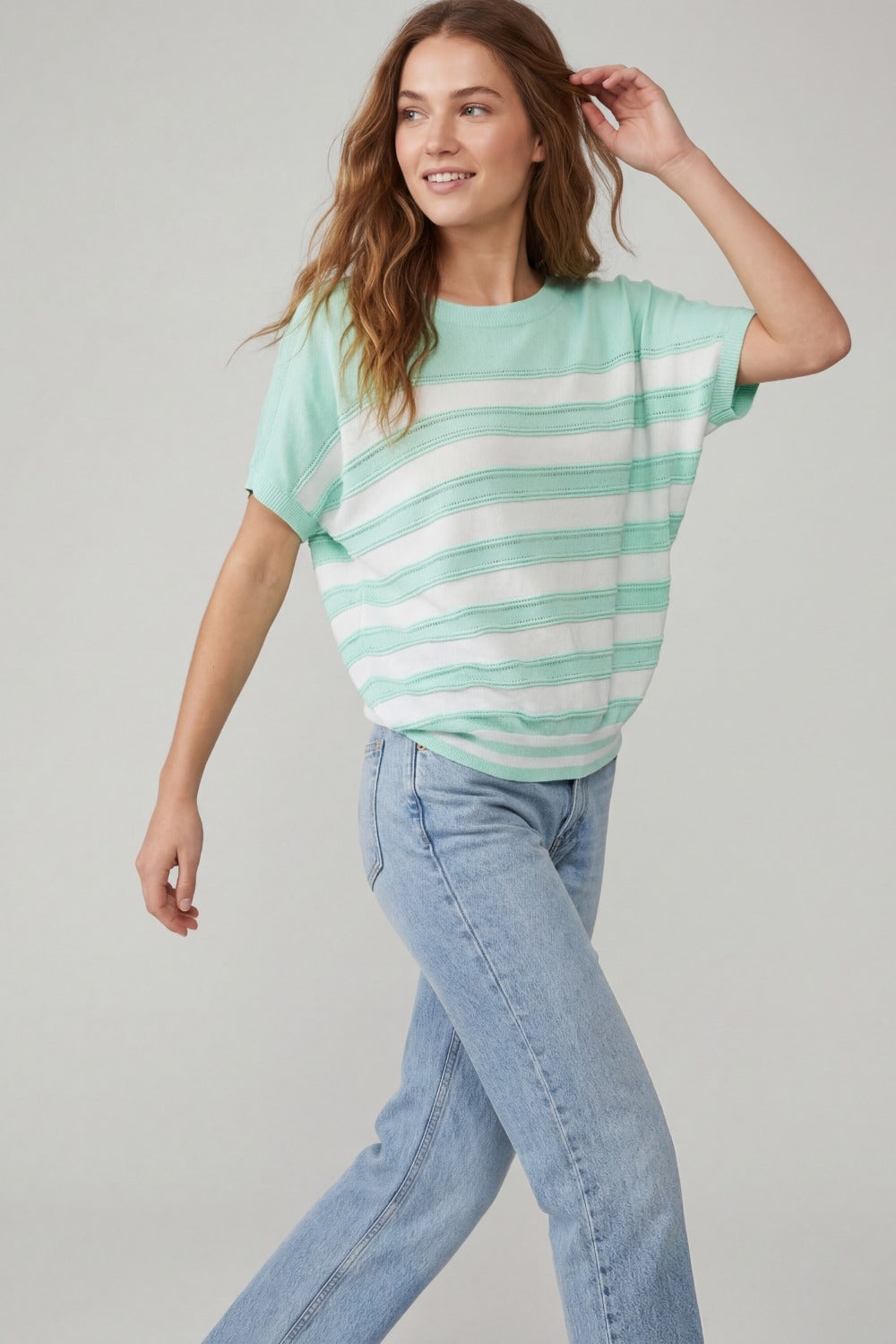 Mint Green Striped Knit Short Sleeve Sweater