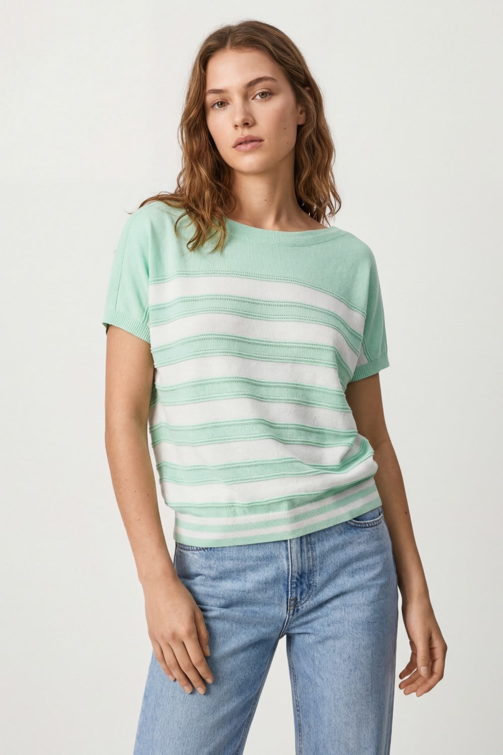 Mint Green Striped Knit Short Sleeve Sweater