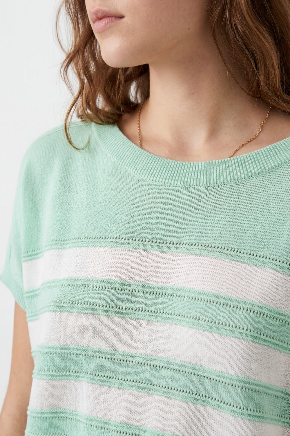 Mint Green Striped Knit Short Sleeve Sweater