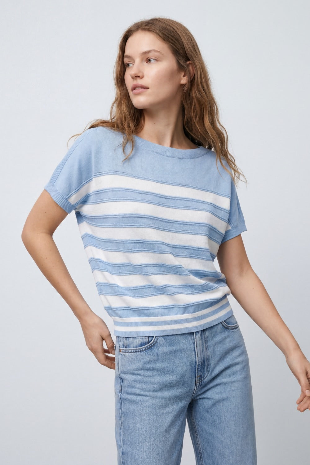 Light Blue Striped Knit Short Sleeve Sweater