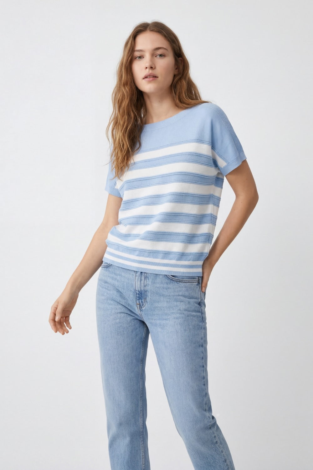 Light Blue Striped Knit Short Sleeve Sweater
