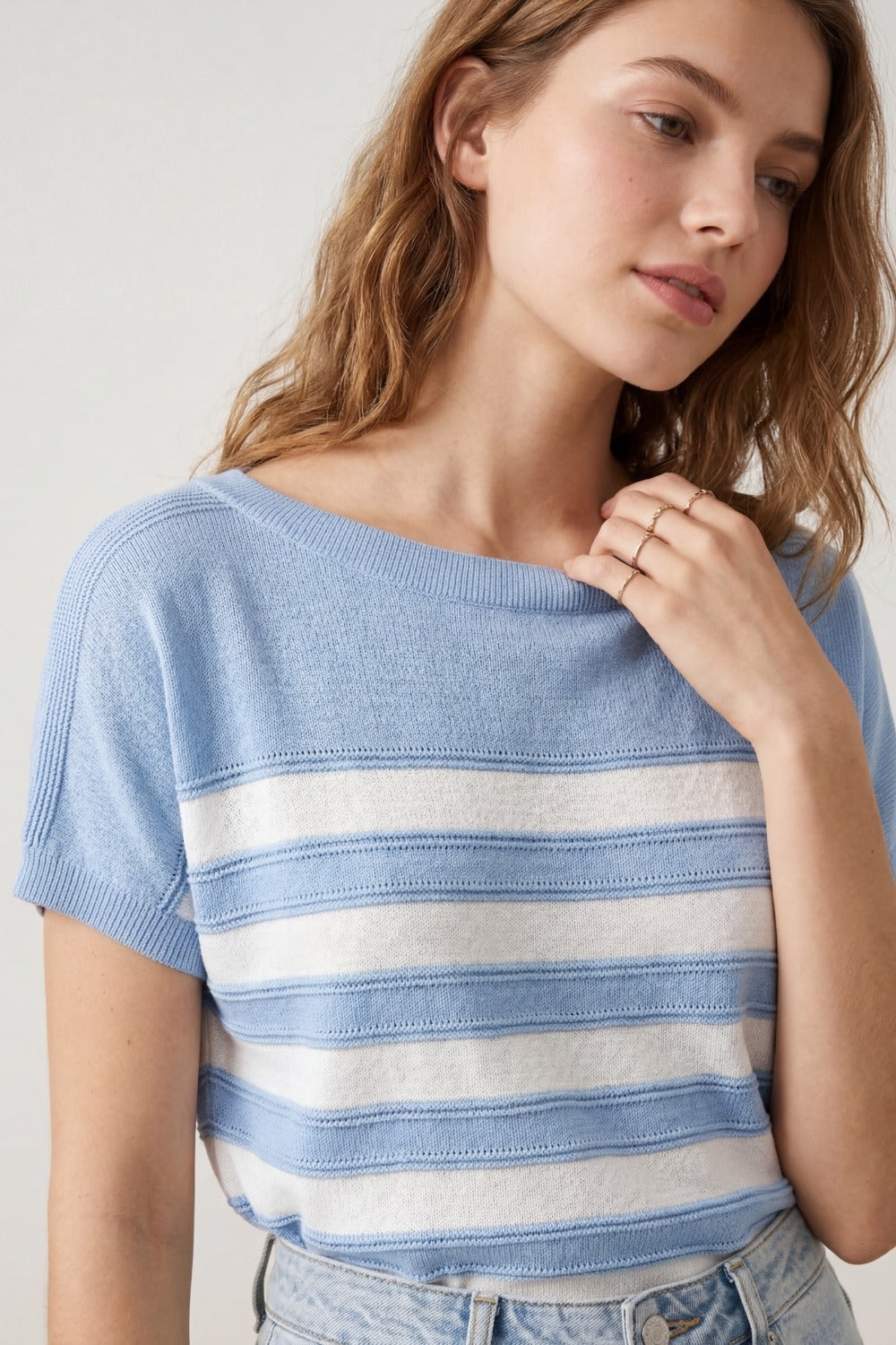 Light Blue Striped Knit Short Sleeve Sweater