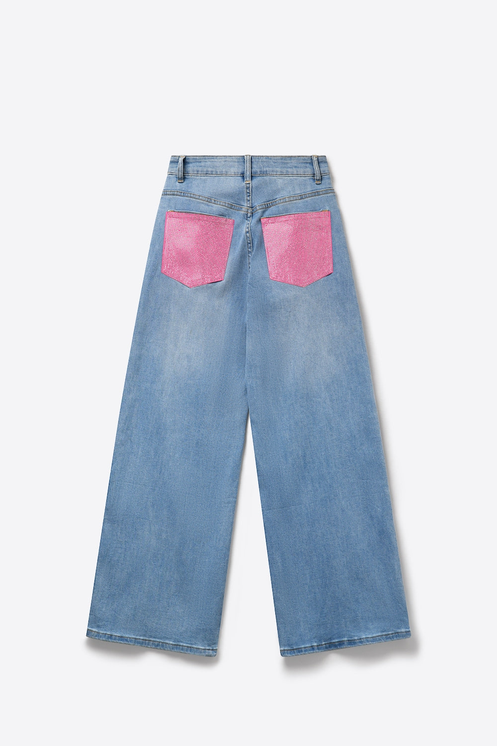 Light Blue Wide-Leg Denim Jeans with back pockets in strass pink - Denim