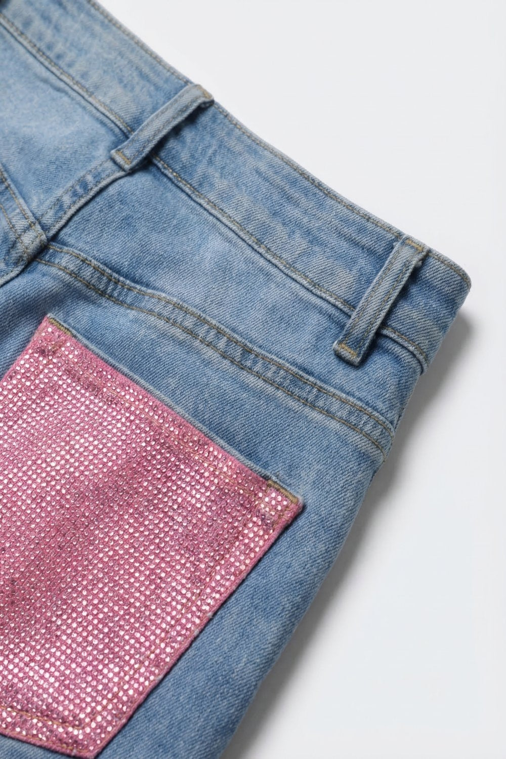 Light Blue Wide-Leg Denim Jeans with back pockets in strass pink - Denim