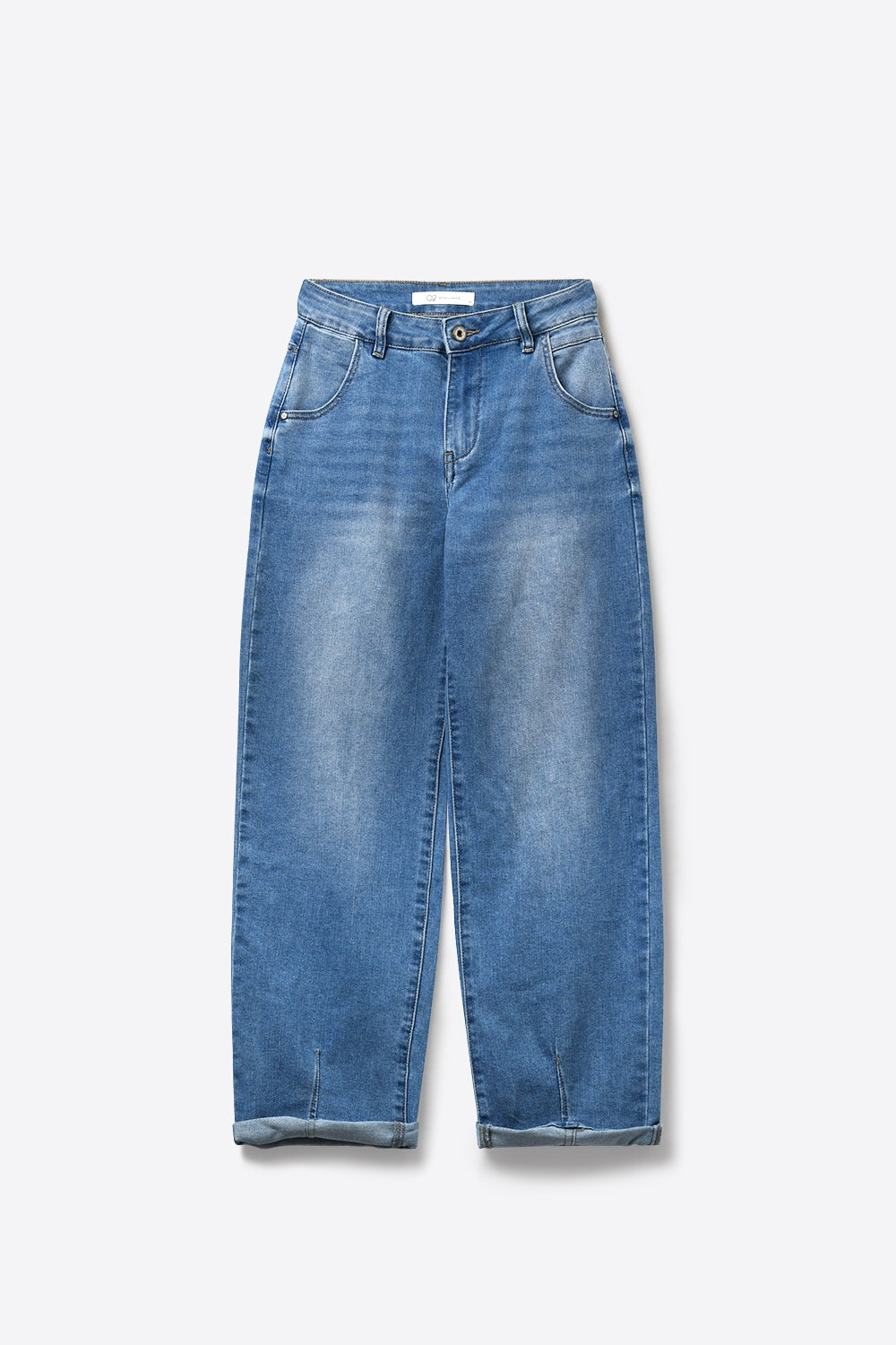 Mid-Wash Curved-Leg Jeans with Folded Hem Seam - Denim