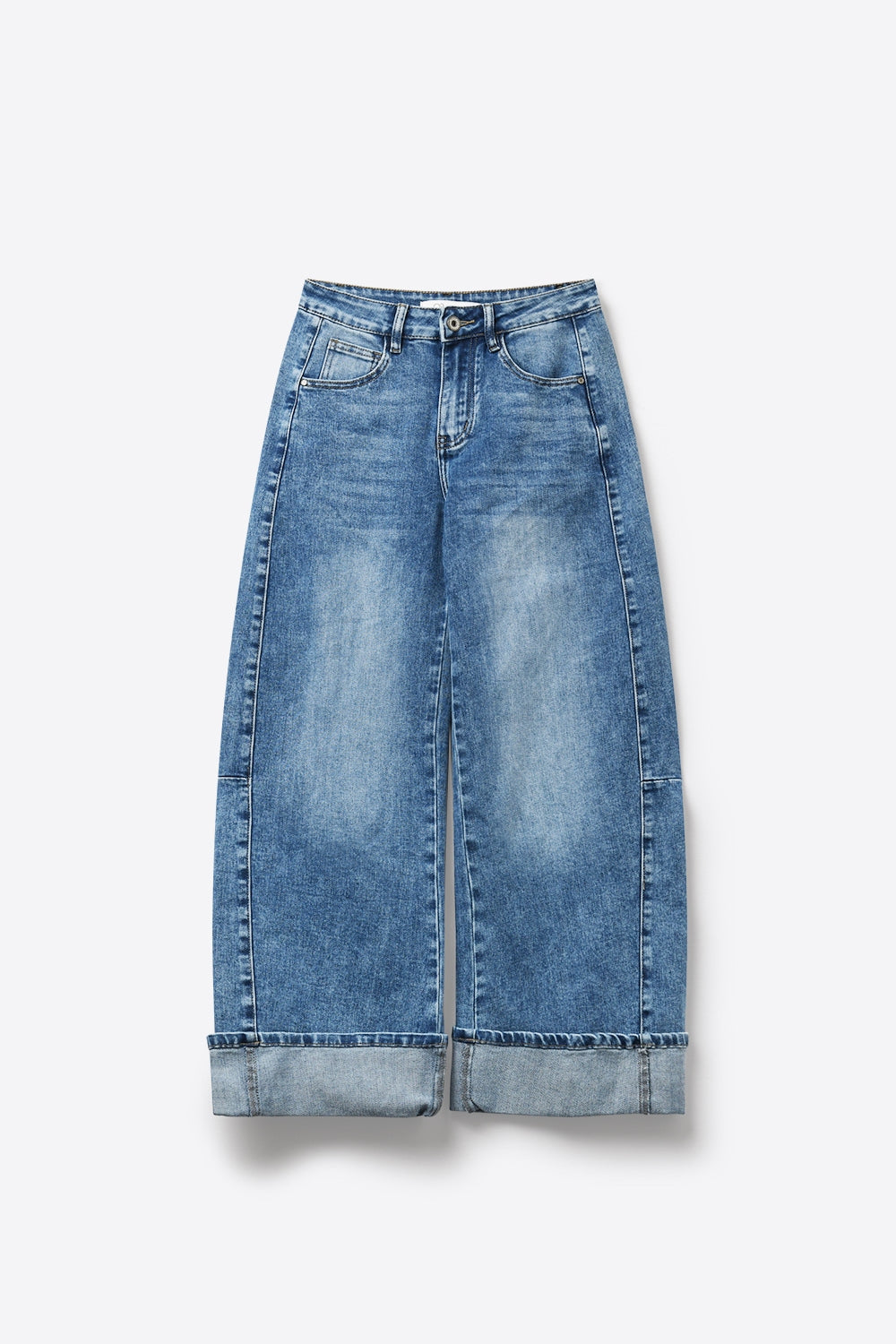 Blue Wide-Leg Light Wash Denim Jeans with Cuffs barrel Style - Denim
