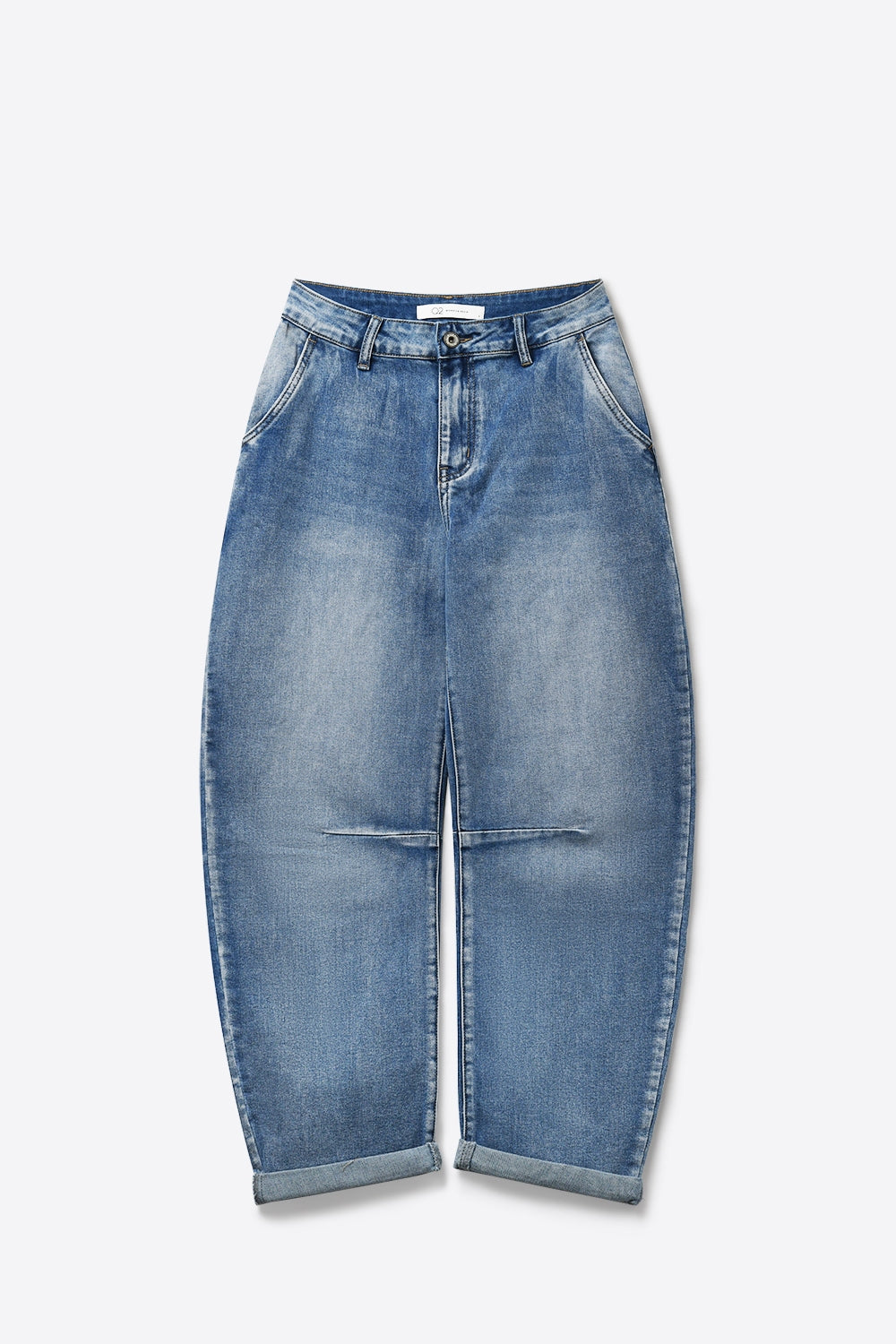Light Wash Barrel Leg Jeans With Knee Seam Detail - Denim