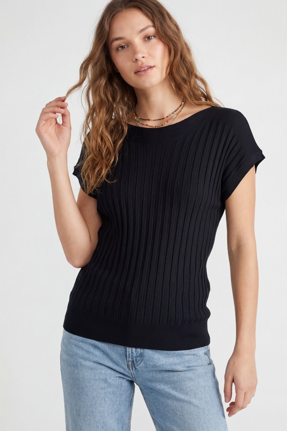 Black fine Rib knitted Sweater with boat neck