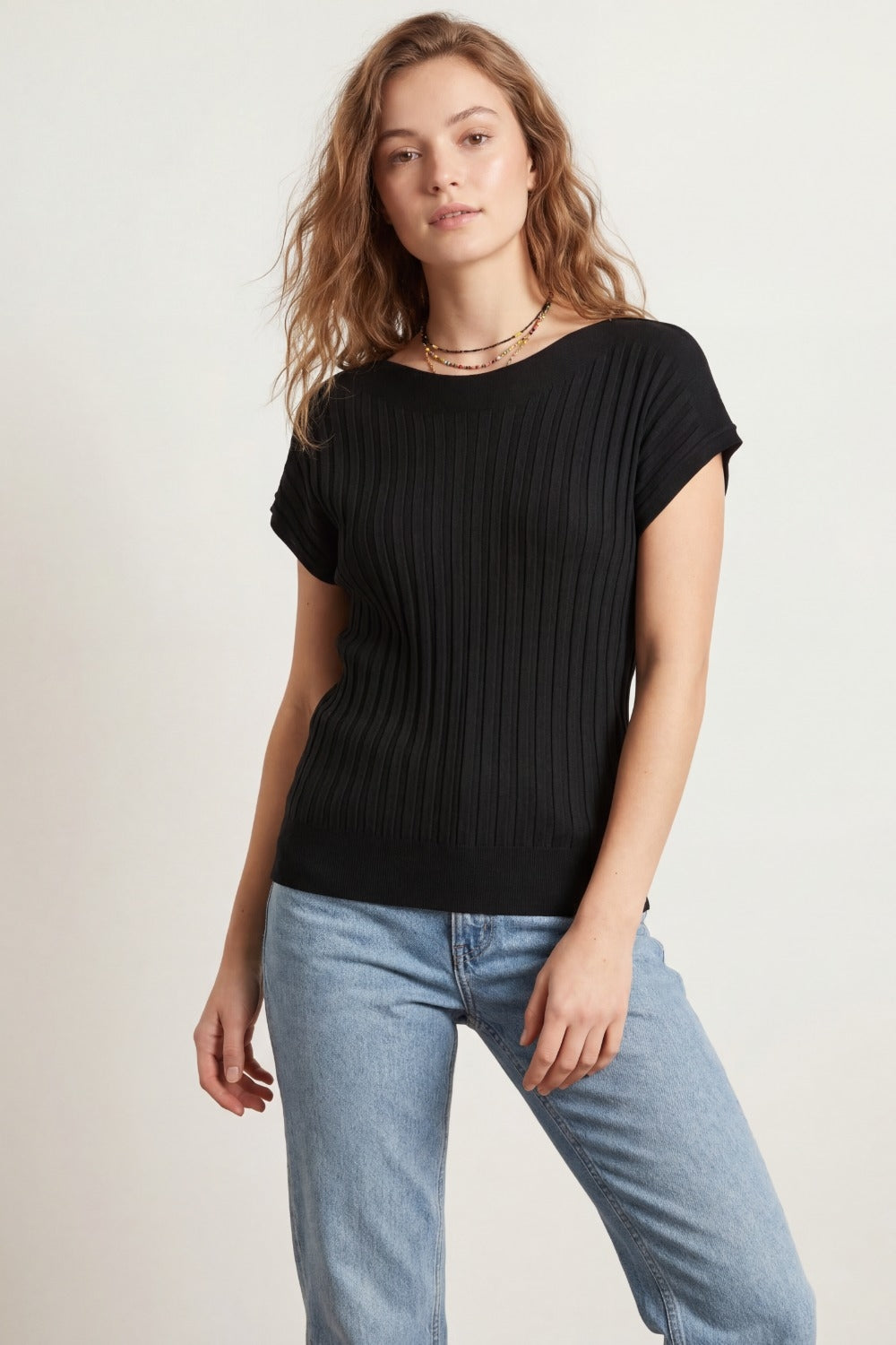 Black fine Rib knitted Sweater with boat neck