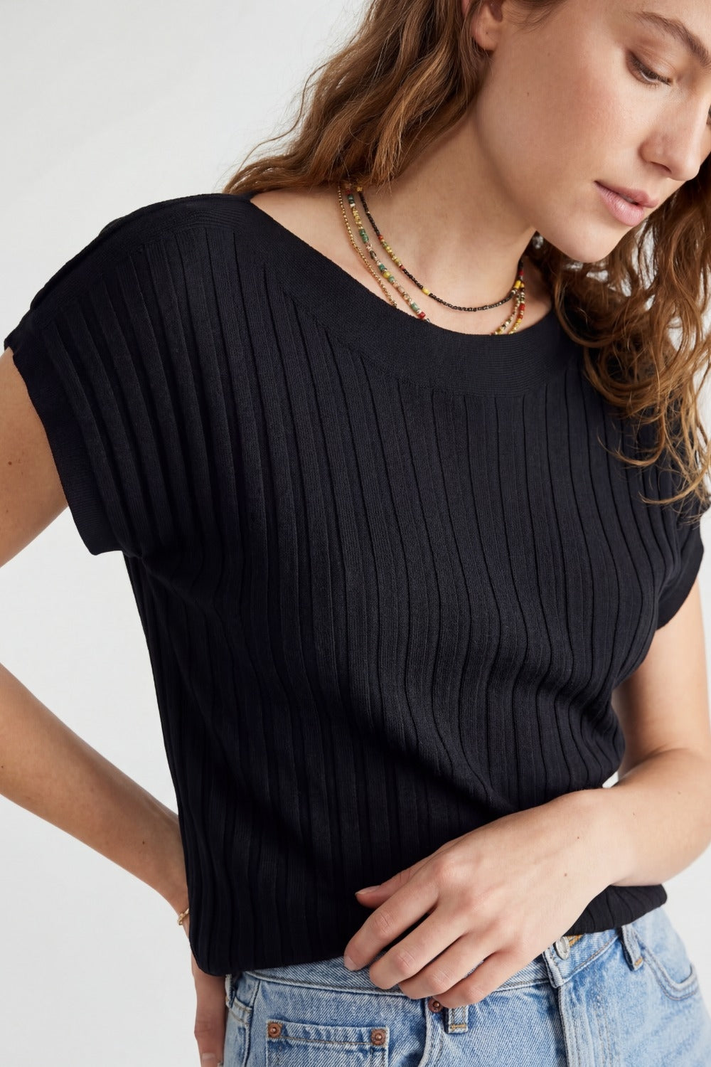 Black fine Rib knitted Sweater with boat neck