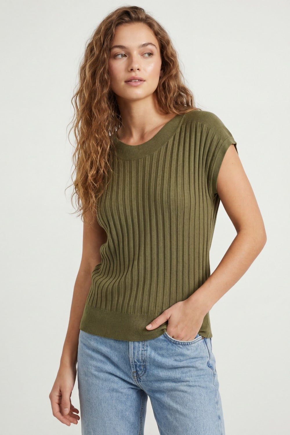 Khaki fine Rib knitted Sweater with boat neck - Jumpers