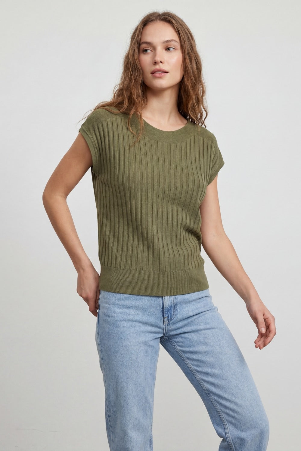 Khaki fine Rib knitted Sweater with boat neck - Jumpers