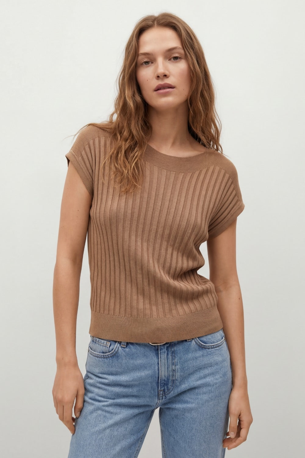 Camel fine Rib knitted Sweater with boat neck - Jumpers