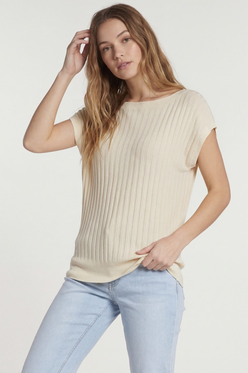 Beige fine Rib knitted Sweater with boat neck - Jumpers