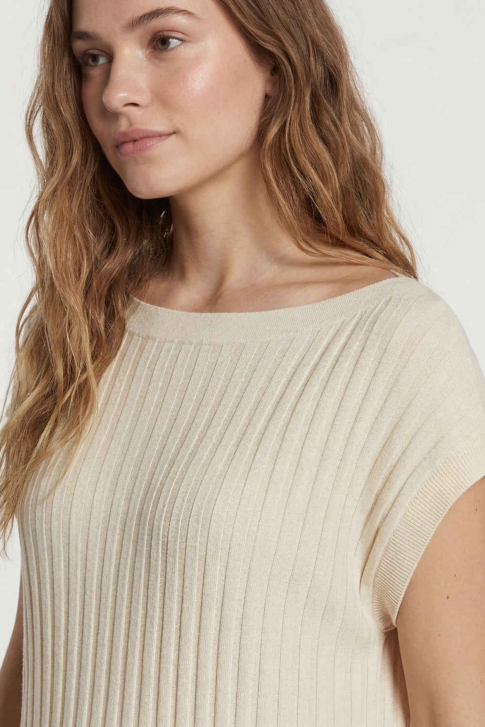 Beige fine Rib knitted Sweater with boat neck - Jumpers