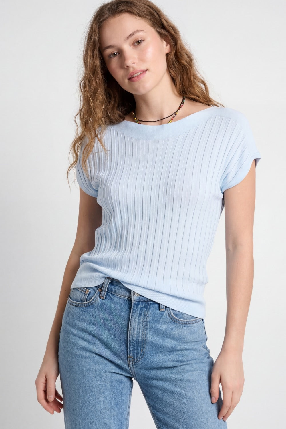 light blue fine Rib knitted Sweater with boat neck - Jumpers