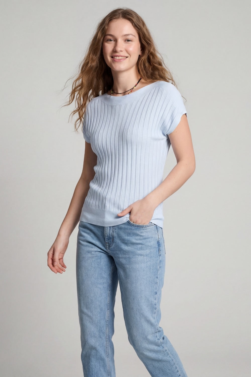 light blue fine Rib knitted Sweater with boat neck - Jumpers