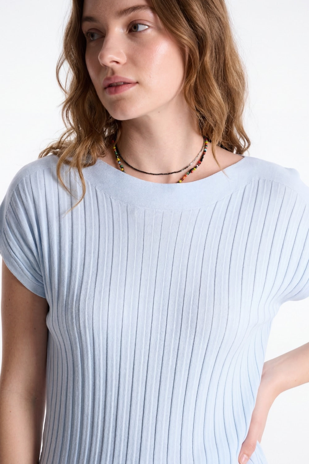 light blue fine Rib knitted Sweater with boat neck - Jumpers