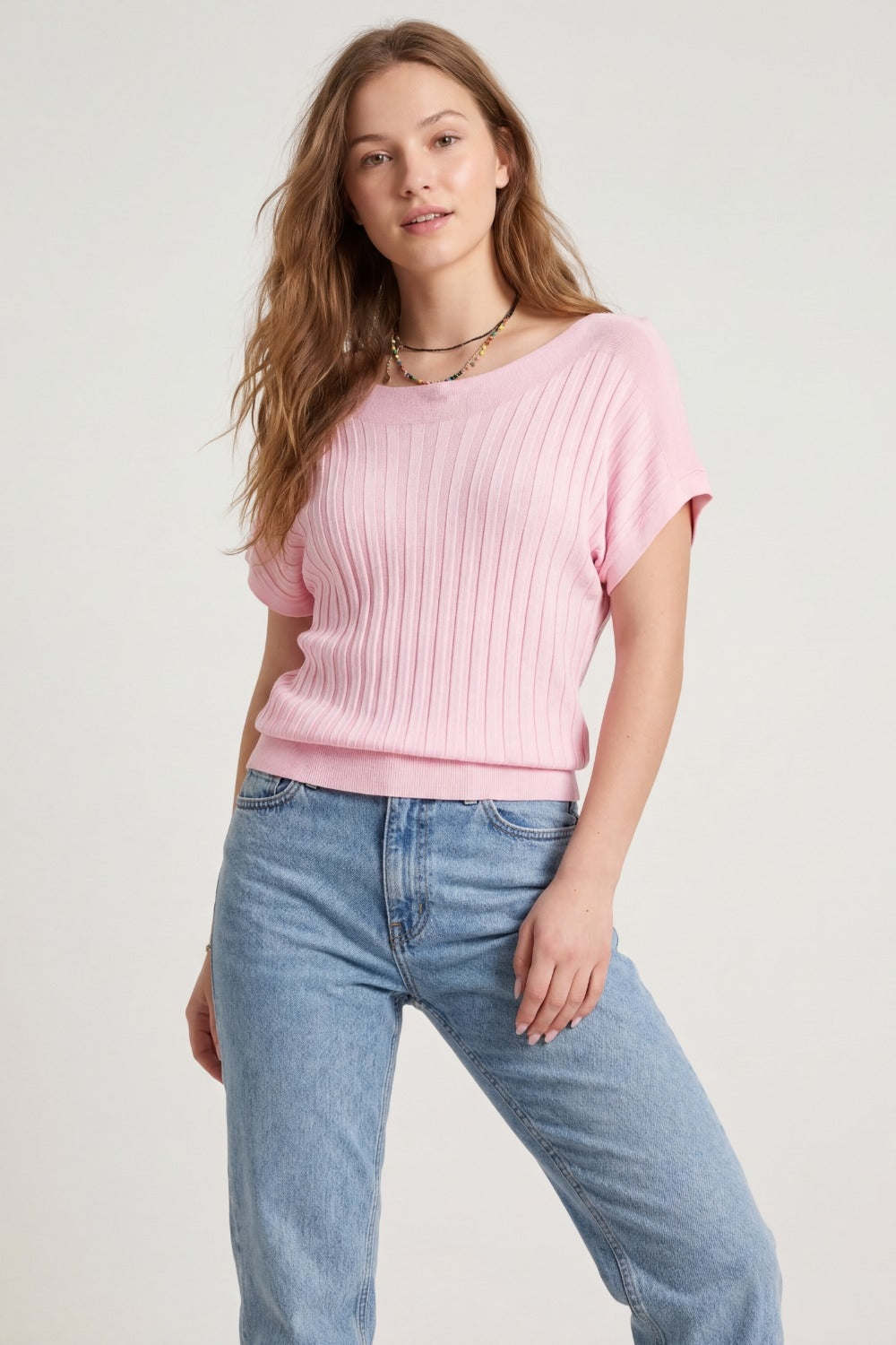 Pink fine Rib knitted Sweater with boat neck - Jumpers
