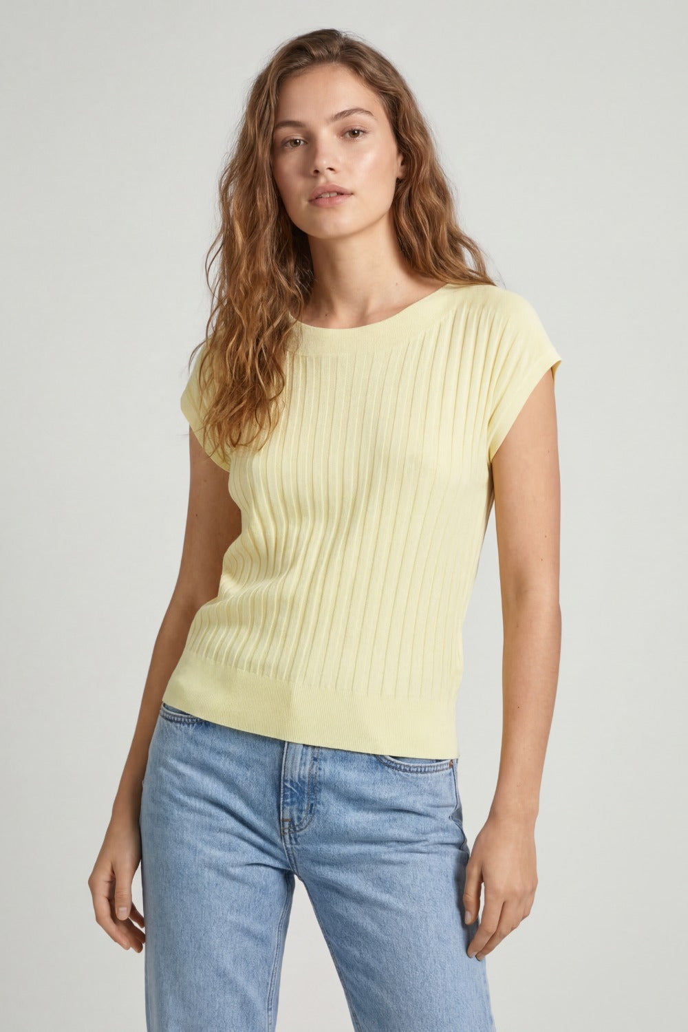 fine Rib knitted Sweater with boat neck in yellow color - Jumpers