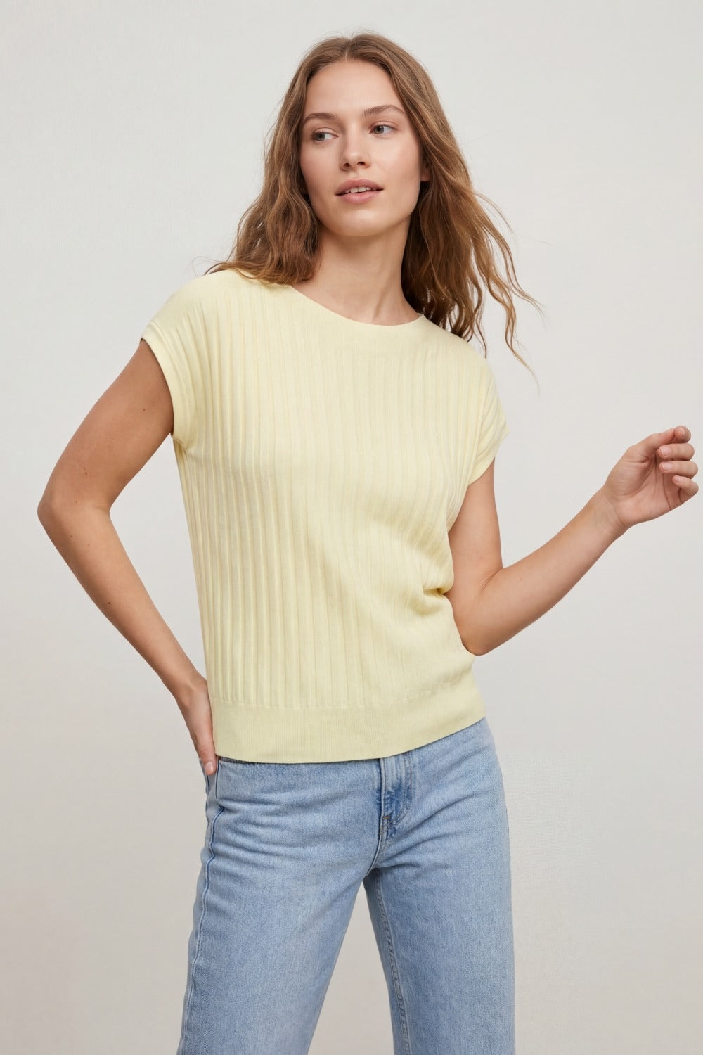 fine Rib knitted Sweater with boat neck in yellow color - Jumpers